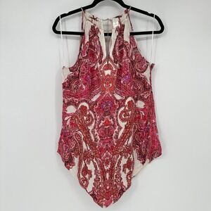 VTG Cache Silk Pink Paisley Asymmetrical Halter Sleeveless Keyhole Blouse XL